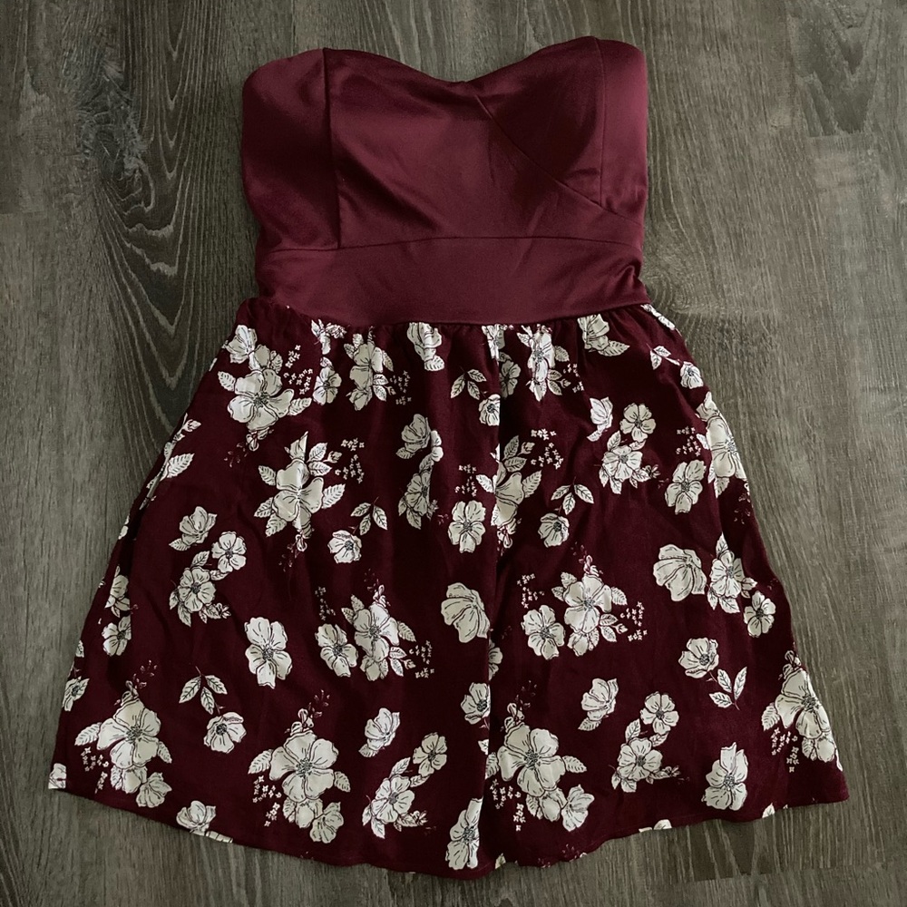 Strapless Burgundy Floral Skater Dress